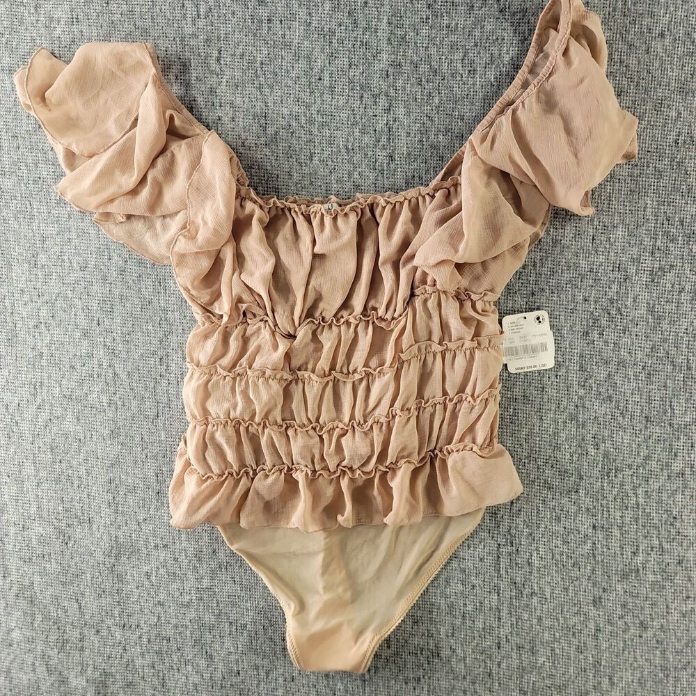 NWT Intimately Free People Smocked Bodysuit S Blush Pink Flutter Sleeve Ruffle - Picture 9 of 9